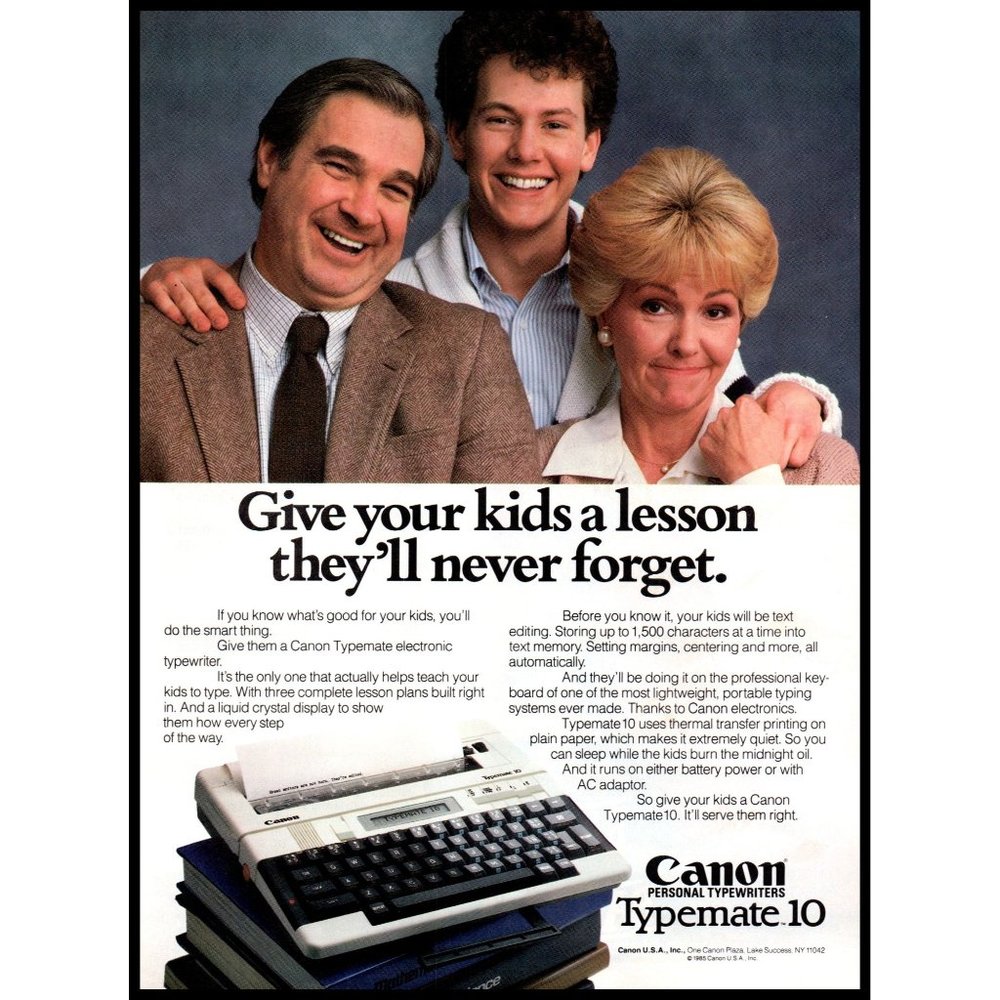1985 Canon Typemate 10 Electronic Typewriter Vintage Print Ad 80s Tech Wall Art